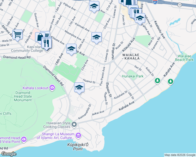 map of restaurants, bars, coffee shops, grocery stores, and more near 623A Hunalewa Street in Honolulu