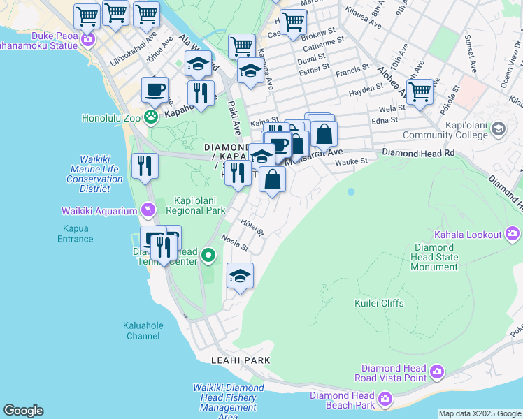 map of restaurants, bars, coffee shops, grocery stores, and more near in Honolulu