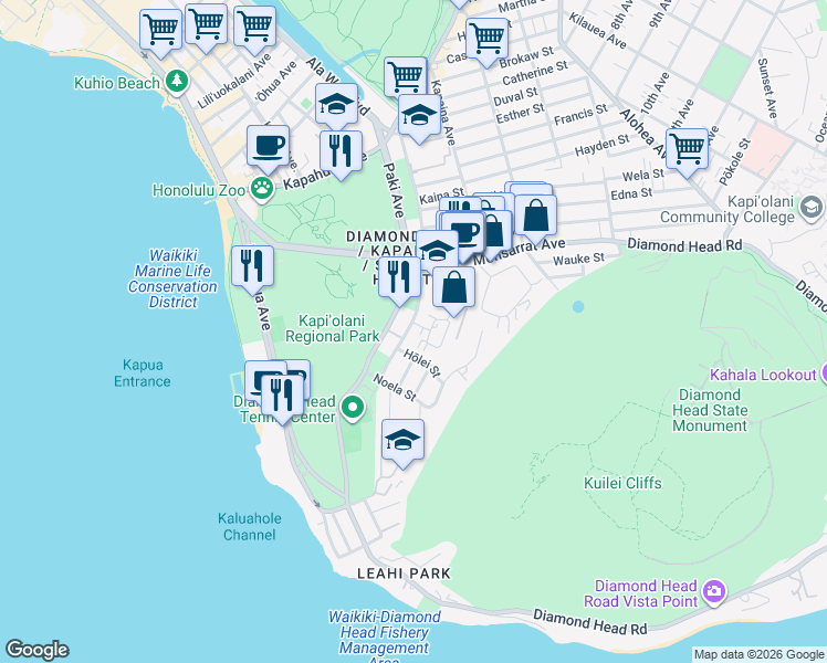 map of restaurants, bars, coffee shops, grocery stores, and more near in Honolulu
