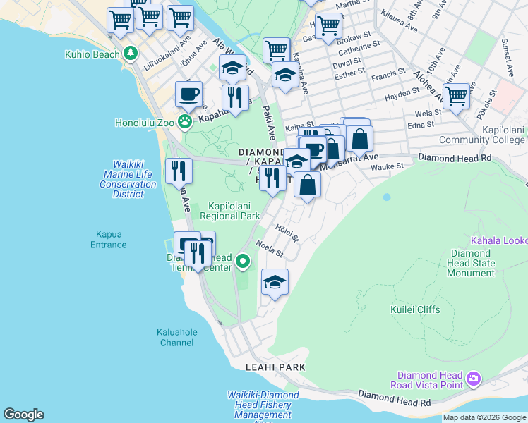 map of restaurants, bars, coffee shops, grocery stores, and more near Paki Avenue in Honolulu