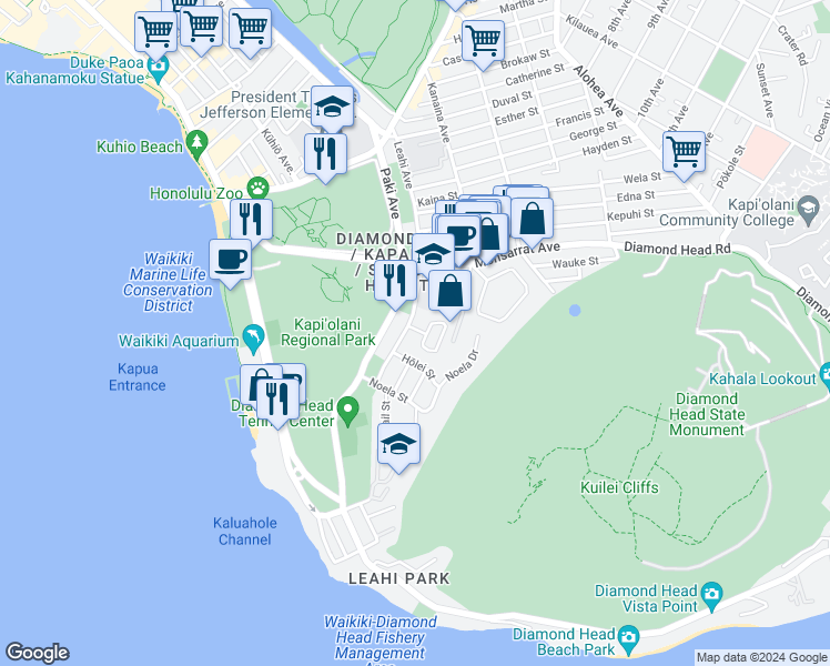 map of restaurants, bars, coffee shops, grocery stores, and more near 3810 Leahi Avenue in Honolulu