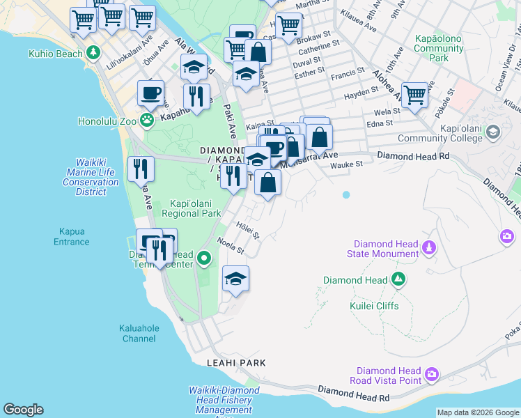 map of restaurants, bars, coffee shops, grocery stores, and more near in Honolulu