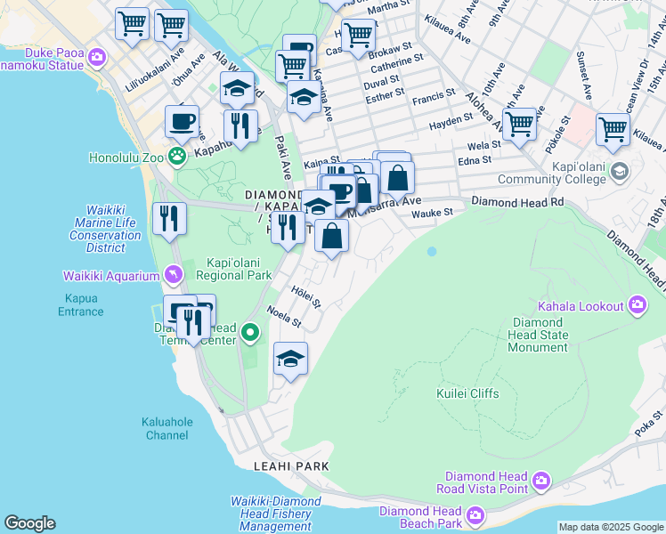 map of restaurants, bars, coffee shops, grocery stores, and more near 3665 Diamond Head Circle in Honolulu
