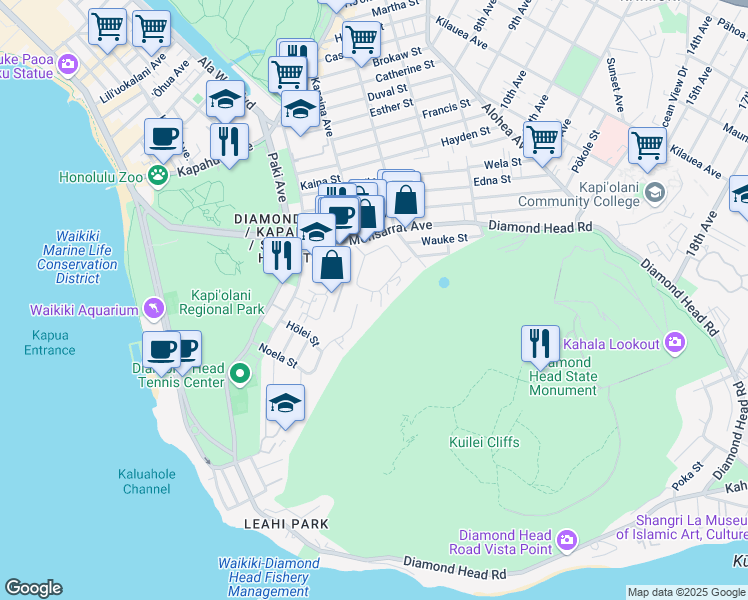 map of restaurants, bars, coffee shops, grocery stores, and more near 3697 Diamond Head Circle in Honolulu