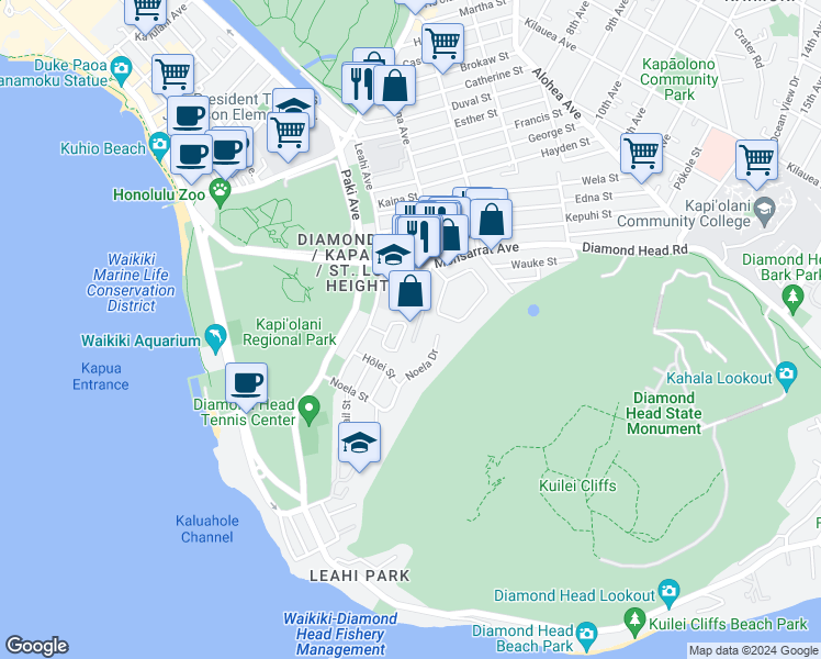 map of restaurants, bars, coffee shops, grocery stores, and more near 3665 Diamond Head Circle in Honolulu