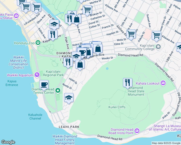 map of restaurants, bars, coffee shops, grocery stores, and more near 3697 Diamond Head Circle in Honolulu