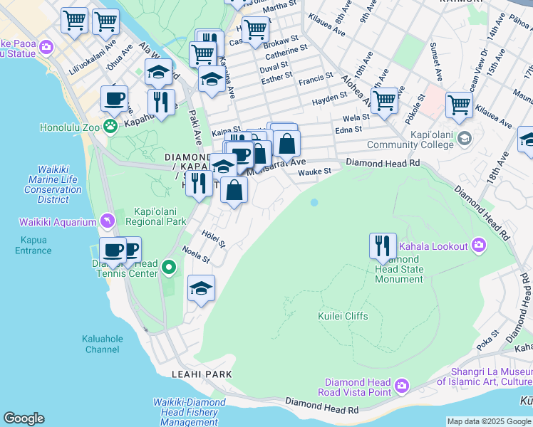 map of restaurants, bars, coffee shops, grocery stores, and more near 3697 Diamond Head Circle in Honolulu