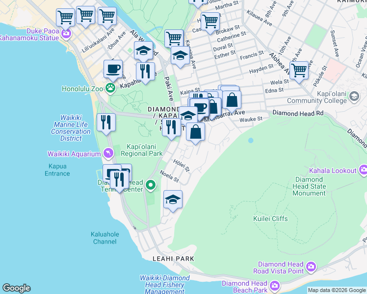 map of restaurants, bars, coffee shops, grocery stores, and more near 3131 Pualei Circle in Honolulu