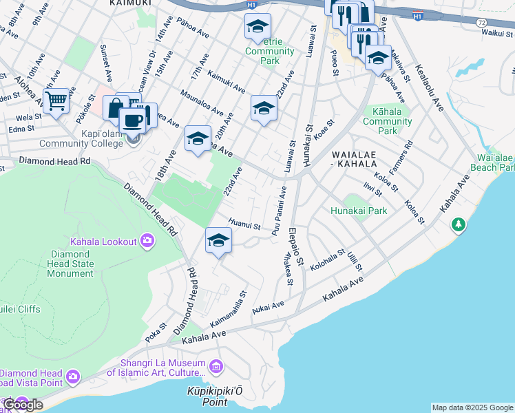 map of restaurants, bars, coffee shops, grocery stores, and more near 623A Hunalewa Street in Honolulu