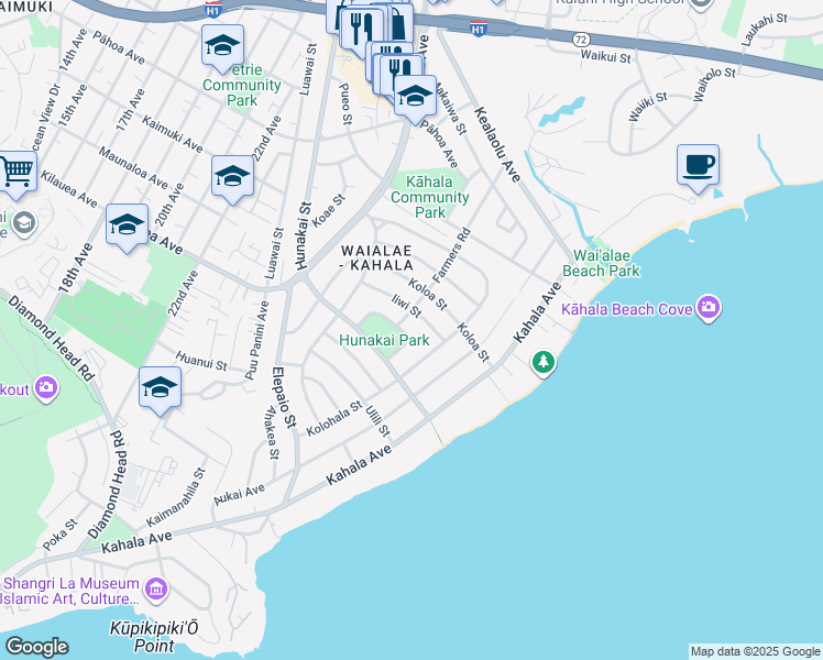 map of restaurants, bars, coffee shops, grocery stores, and more near 653 Ulumaika Street in Honolulu