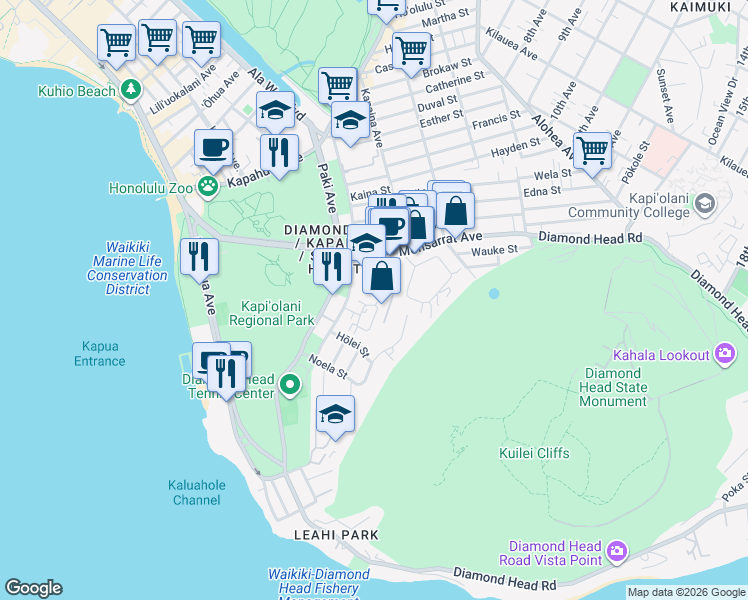 map of restaurants, bars, coffee shops, grocery stores, and more near 3131 Pualei Circle in Honolulu