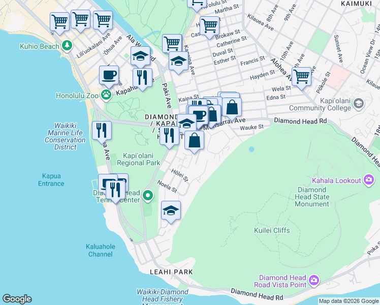 map of restaurants, bars, coffee shops, grocery stores, and more near 3131 Pualei Circle in Honolulu