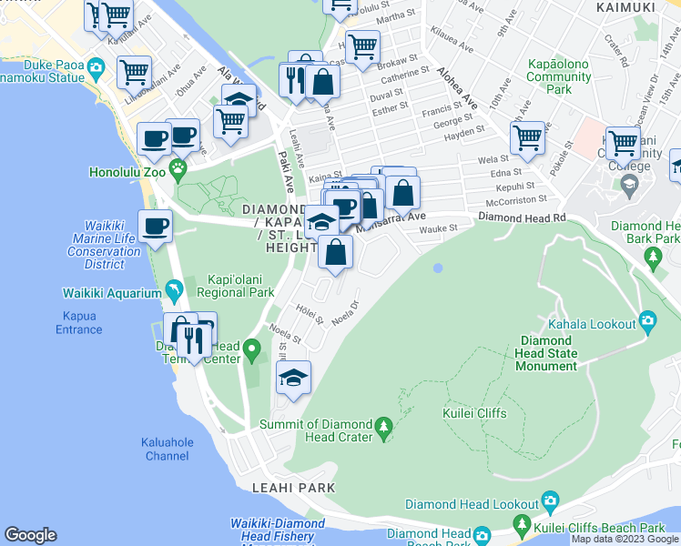 map of restaurants, bars, coffee shops, grocery stores, and more near 3665 Diamond Head Circle in Honolulu