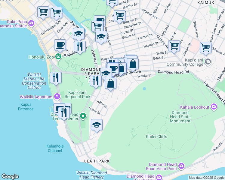 map of restaurants, bars, coffee shops, grocery stores, and more near 3103 Pualei Circle in Honolulu