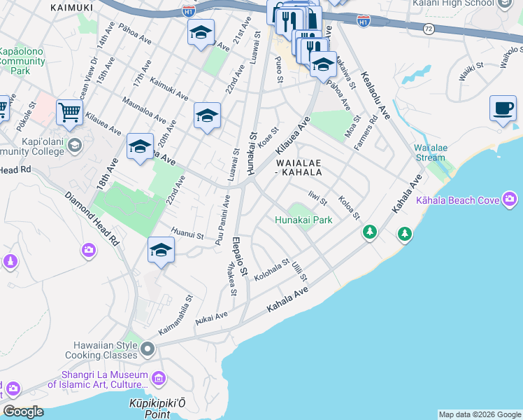 map of restaurants, bars, coffee shops, grocery stores, and more near 733 Honua Street in Honolulu