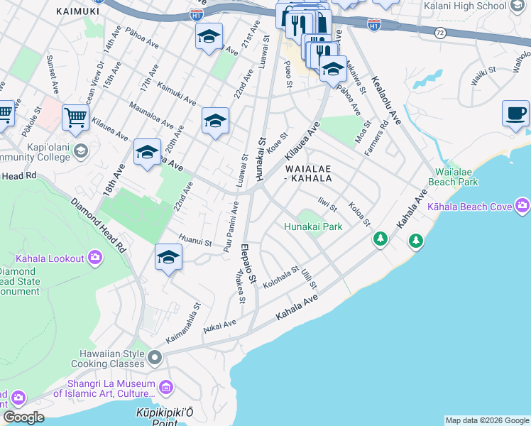 map of restaurants, bars, coffee shops, grocery stores, and more near 1228 Koloa Street in Honolulu