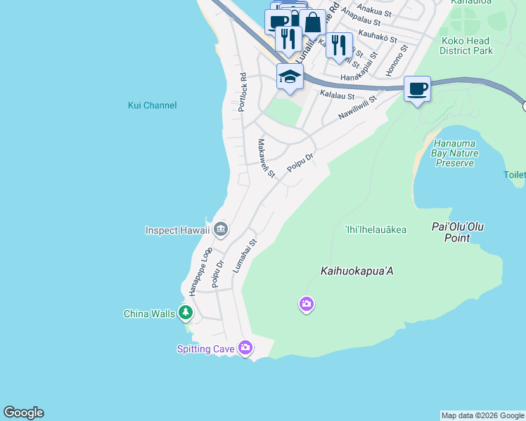 map of restaurants, bars, coffee shops, grocery stores, and more near 266 Poipu Drive in Honolulu