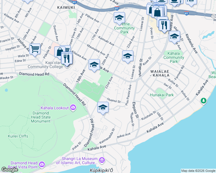 map of restaurants, bars, coffee shops, grocery stores, and more near 620 22nd Avenue in Honolulu