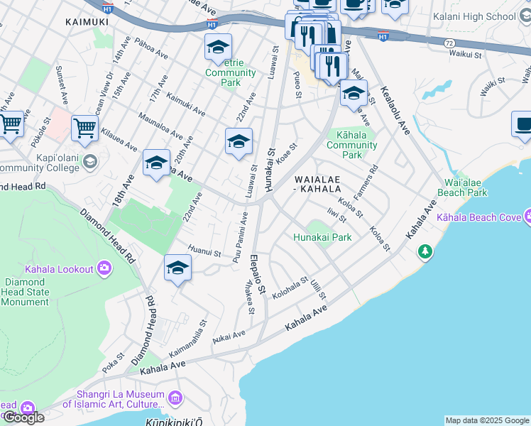 map of restaurants, bars, coffee shops, grocery stores, and more near 777 Elepaio Street in Honolulu