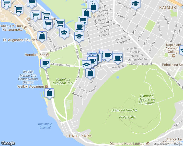 map of restaurants, bars, coffee shops, grocery stores, and more near 3106 Monsarrat Avenue in Honolulu