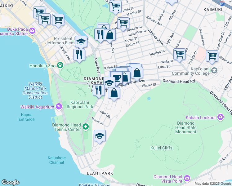 map of restaurants, bars, coffee shops, grocery stores, and more near 3106 Monsarrat Avenue in Honolulu