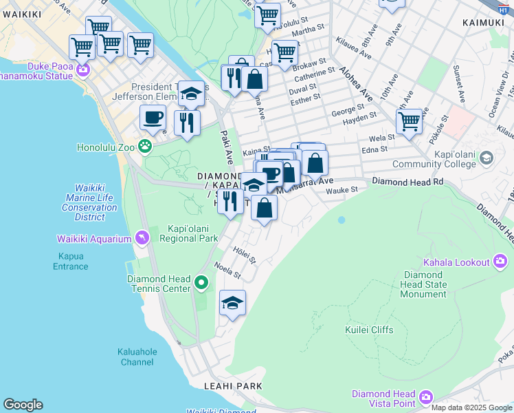 map of restaurants, bars, coffee shops, grocery stores, and more near 3710 Leahi Avenue in Honolulu