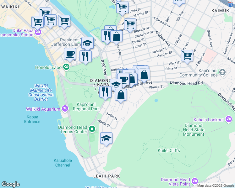 map of restaurants, bars, coffee shops, grocery stores, and more near 3710 Leahi Avenue in Honolulu