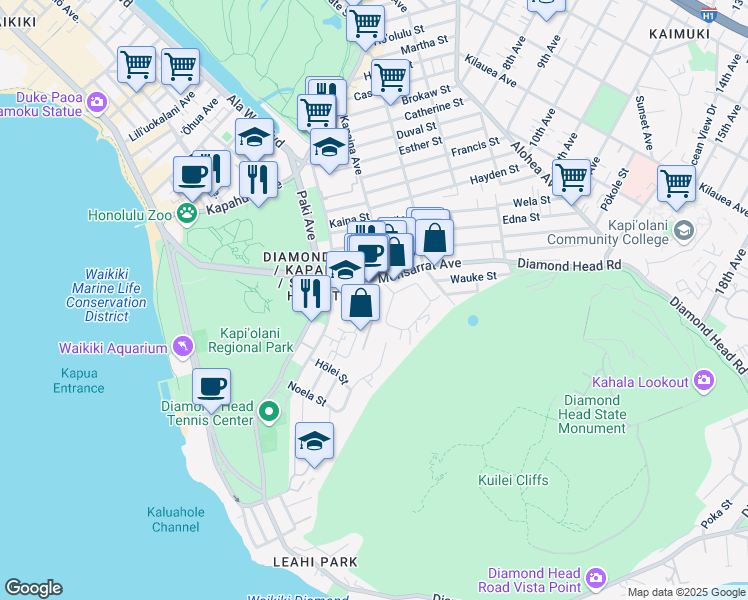 map of restaurants, bars, coffee shops, grocery stores, and more near 3731 Kanaina Avenue in Honolulu