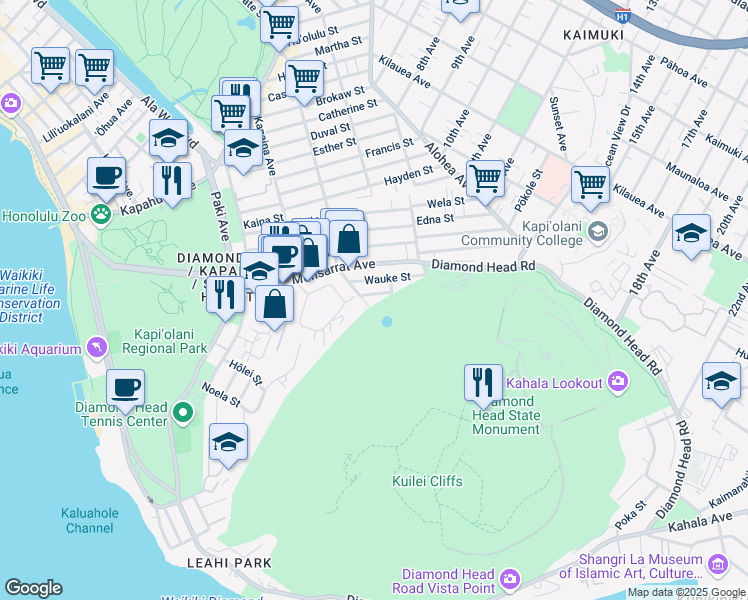 map of restaurants, bars, coffee shops, grocery stores, and more near 3748 Campbell Avenue in Honolulu
