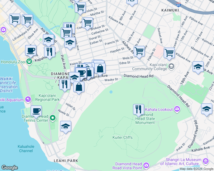 map of restaurants, bars, coffee shops, grocery stores, and more near 3748 Campbell Avenue in Honolulu