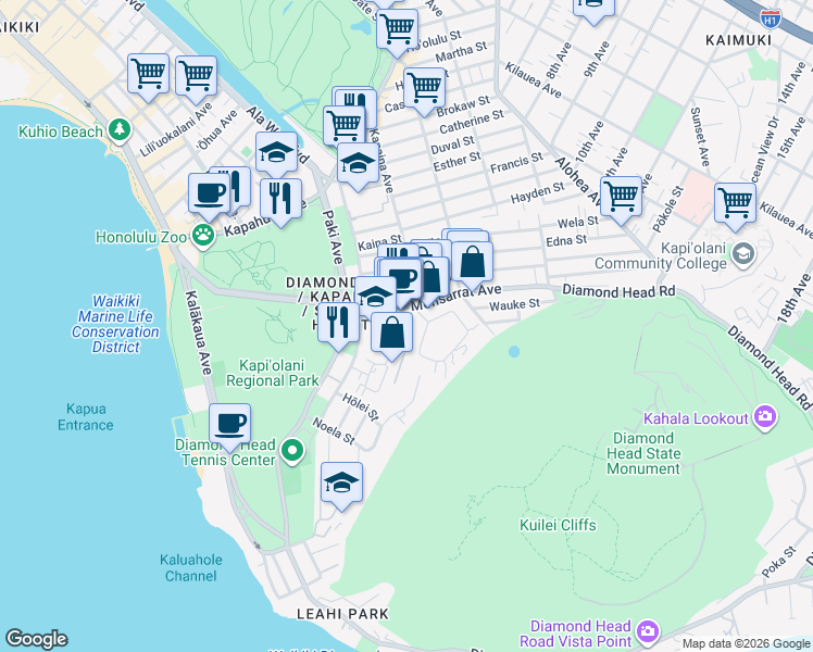 map of restaurants, bars, coffee shops, grocery stores, and more near 3721 Kanaina Avenue in Honolulu