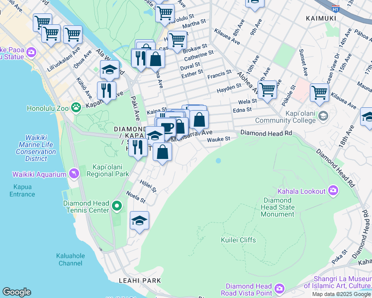 map of restaurants, bars, coffee shops, grocery stores, and more near 3814 Diamond Head Circle in Honolulu