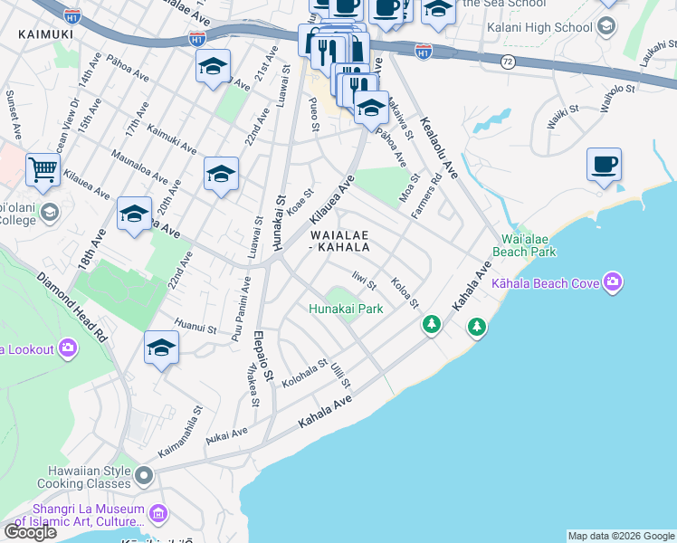 map of restaurants, bars, coffee shops, grocery stores, and more near 1052 Iiwi Street in Honolulu