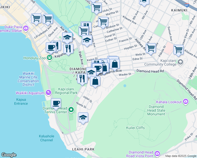 map of restaurants, bars, coffee shops, grocery stores, and more near 3106 Monsarrat Avenue in Honolulu
