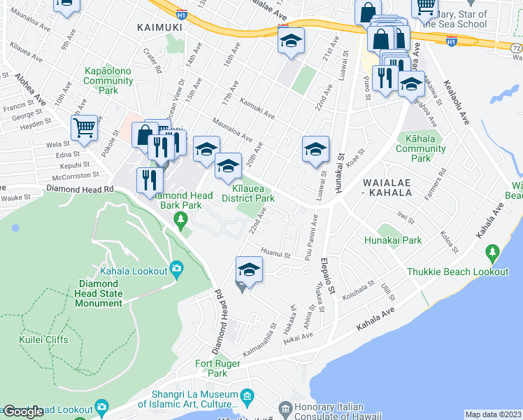 map of restaurants, bars, coffee shops, grocery stores, and more near 620 22nd Avenue in Honolulu