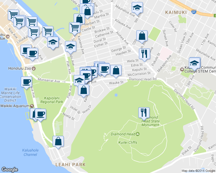 map of restaurants, bars, coffee shops, grocery stores, and more near 3748 Campbell Avenue in Honolulu