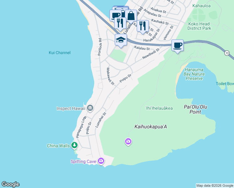 map of restaurants, bars, coffee shops, grocery stores, and more near 274 Makaweli Place in Honolulu