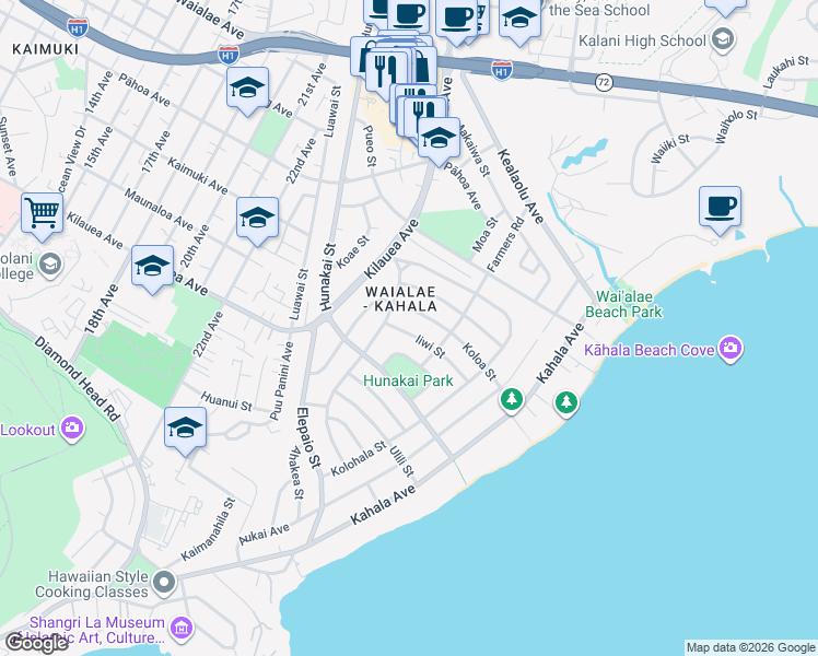 map of restaurants, bars, coffee shops, grocery stores, and more near 1052 Iiwi Street in Honolulu