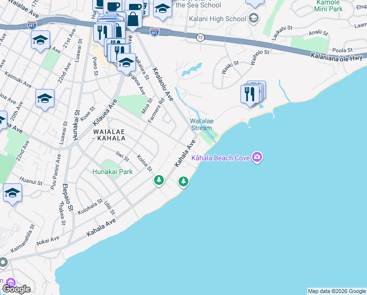 map of restaurants, bars, coffee shops, grocery stores, and more near 4769 Aukai Avenue in Honolulu