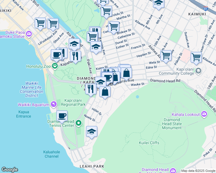 map of restaurants, bars, coffee shops, grocery stores, and more near 3106 Monsarrat Avenue in Honolulu