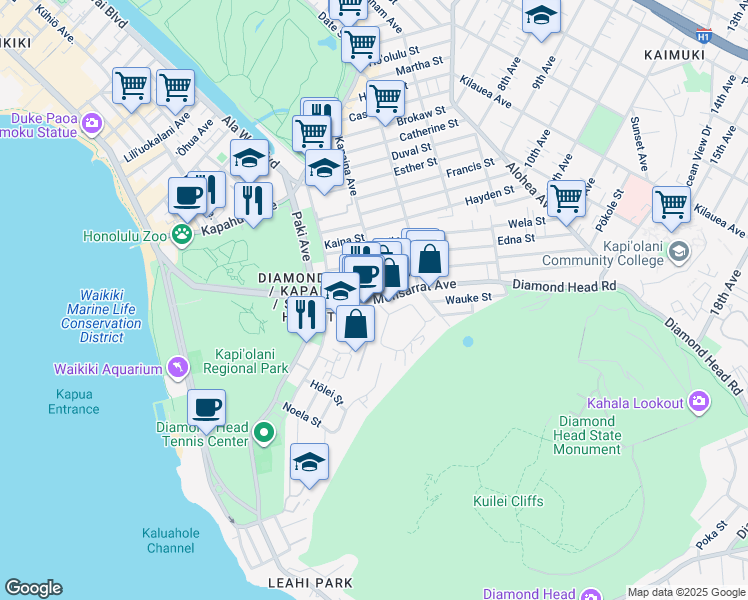 map of restaurants, bars, coffee shops, grocery stores, and more near Monsarrat Avenue & Kanaina Avenue in Honolulu