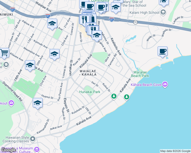 map of restaurants, bars, coffee shops, grocery stores, and more near 1029 Koloa Street in Honolulu