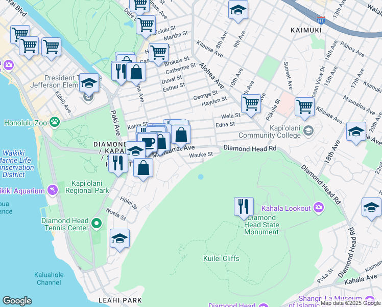 map of restaurants, bars, coffee shops, grocery stores, and more near 3748 Campbell Avenue in Honolulu