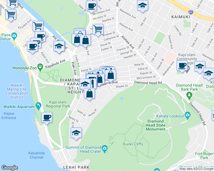map of restaurants, bars, coffee shops, grocery stores, and more near 3814 Diamond Head Circle in Honolulu