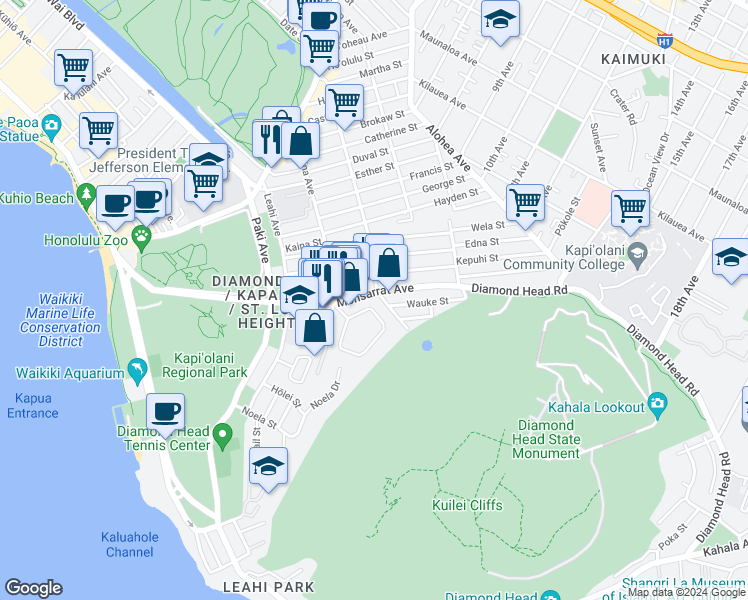map of restaurants, bars, coffee shops, grocery stores, and more near 3814 Diamond Head Circle in Honolulu