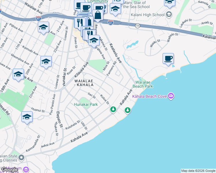 map of restaurants, bars, coffee shops, grocery stores, and more near 4830 Kolohala Street in Honolulu