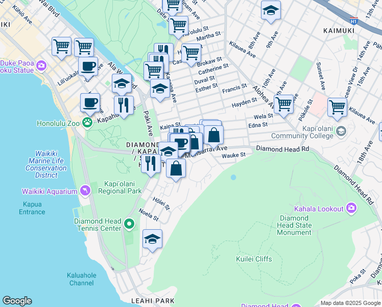 map of restaurants, bars, coffee shops, grocery stores, and more near 3114 Monsarrat Avenue in Honolulu