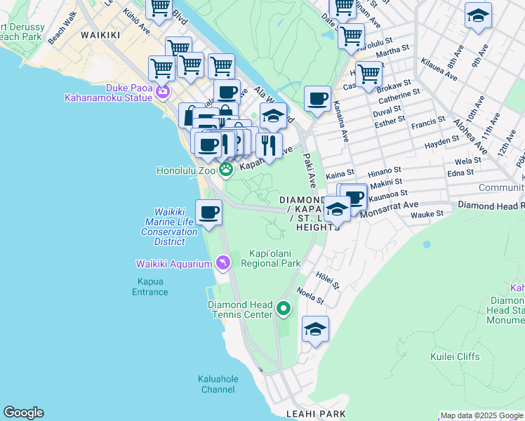 map of restaurants, bars, coffee shops, grocery stores, and more near 2801 Monsarrat Avenue in Honolulu