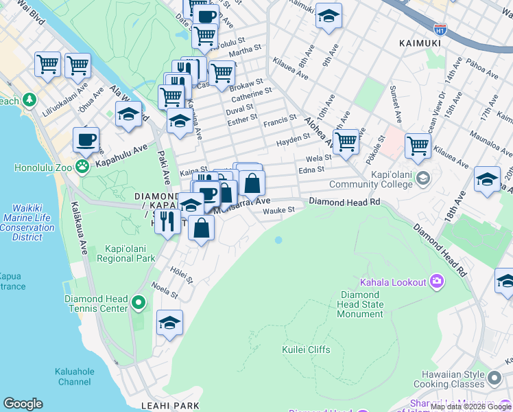 map of restaurants, bars, coffee shops, grocery stores, and more near 3227 Kaunaoa Street in Honolulu