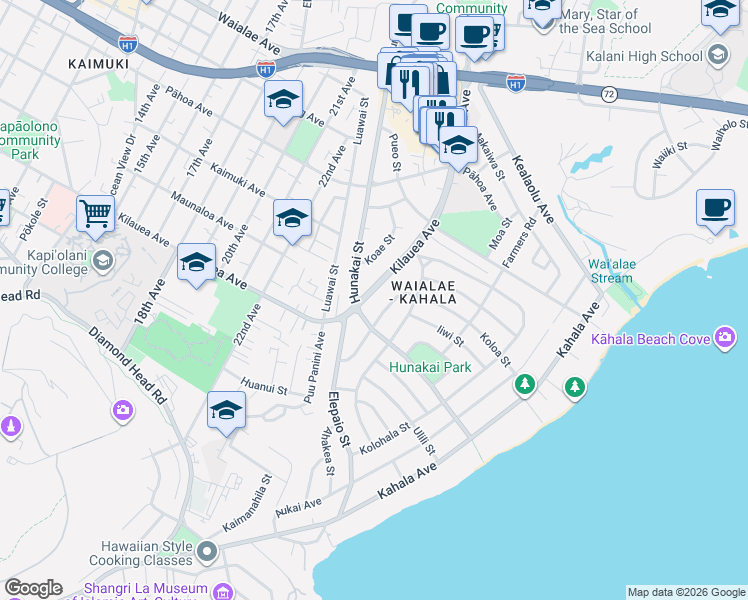 map of restaurants, bars, coffee shops, grocery stores, and more near 4355 Kilauea Avenue in Honolulu